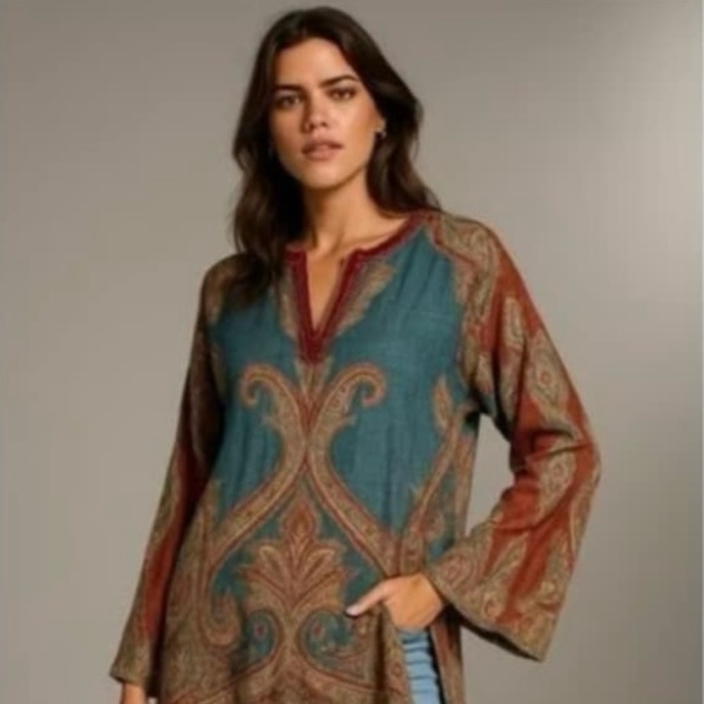 Soft Surroundings tapestry Bohemian Tunic Top Teal Rust